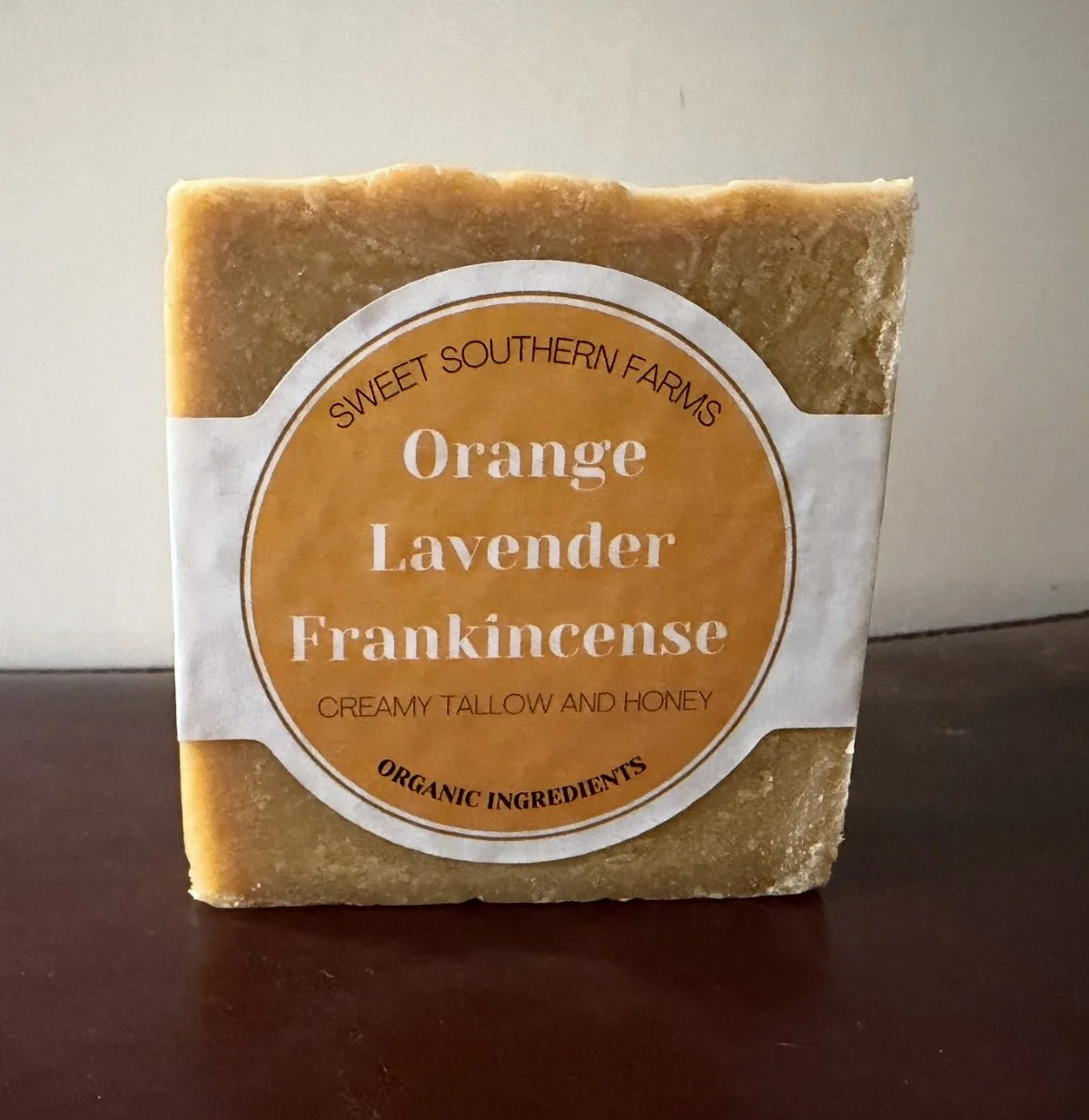 A bar of Orange, Lavender and Frankincense tallow soap