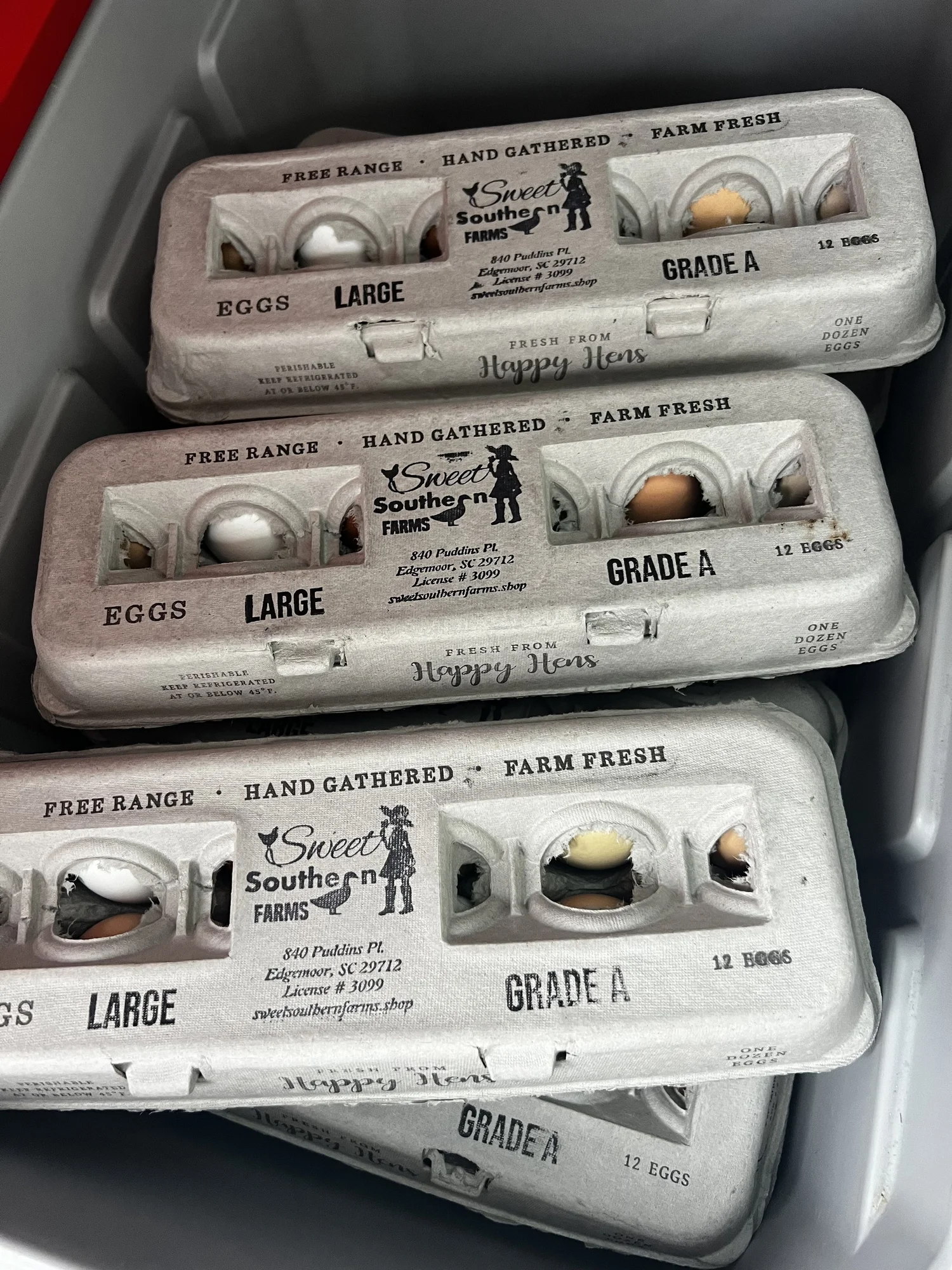 Cartons of Sweet Southern Farms large chicken eggs